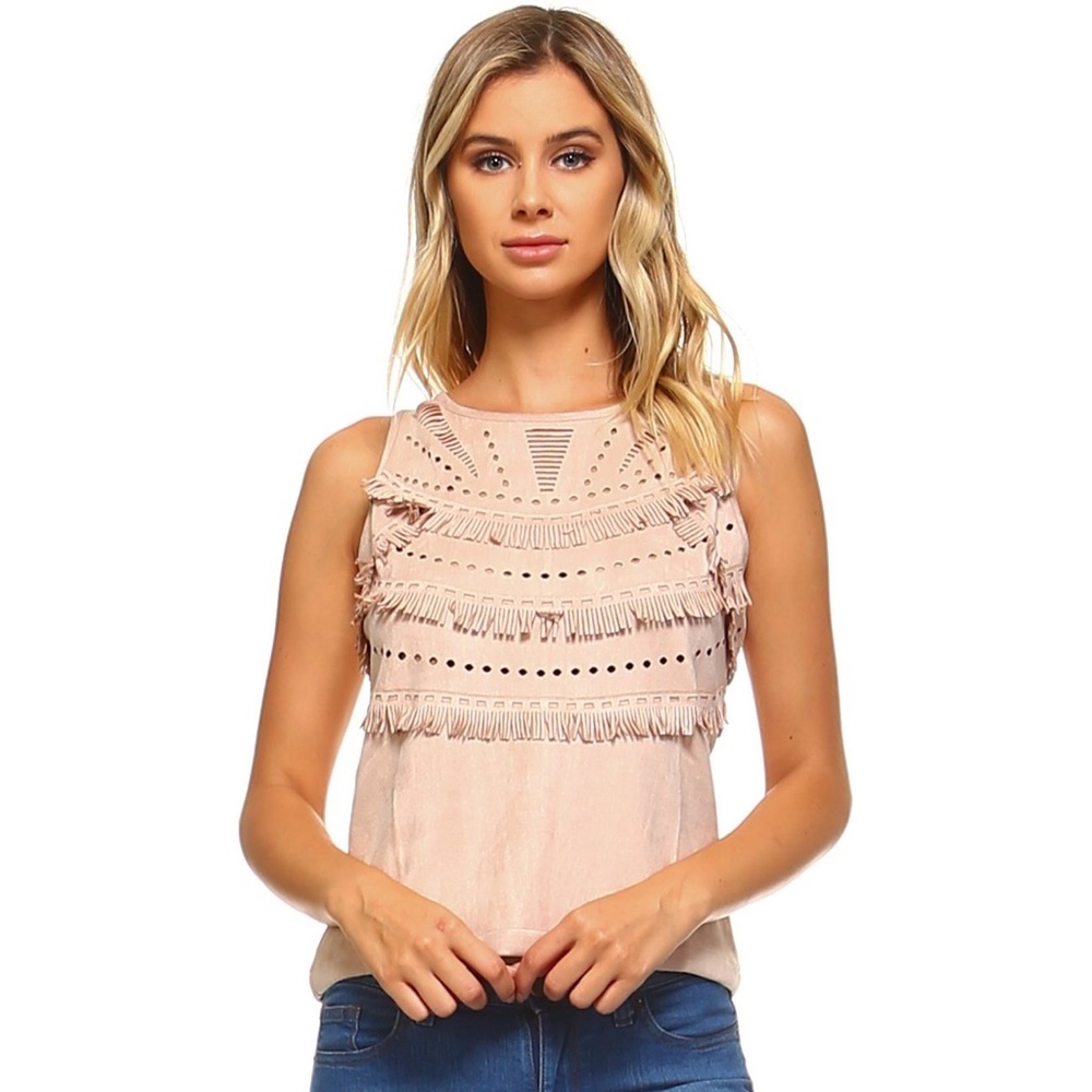 Soft sleeveless faux leather fringe top w/cut outs